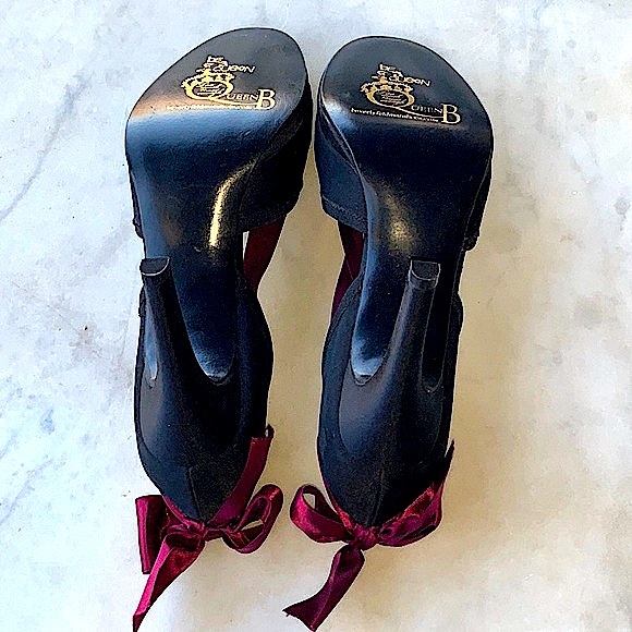 BEVERLY FELDMAN QUEEN B 4 INCH HEEL SIZE 9 NIB Y2K BLACK RED WINE BOWS - Picture 6 of 7